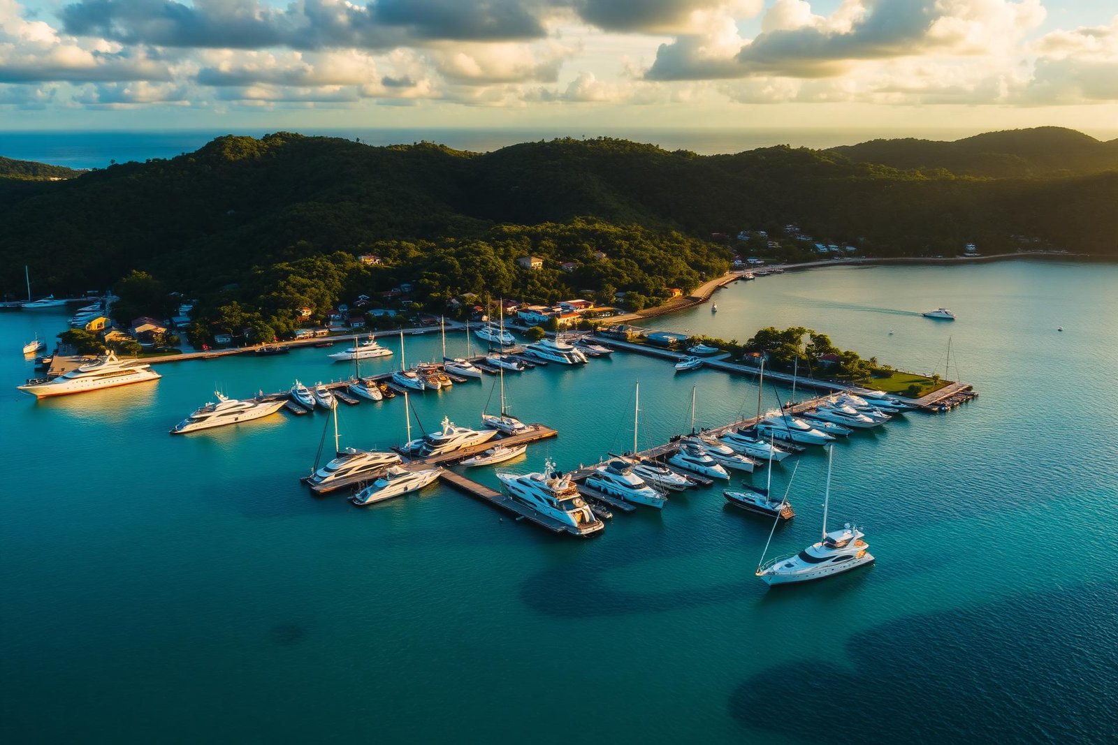 Falmouth Harbour, Antigua at golden hour with luxury yachts moored at the marina
